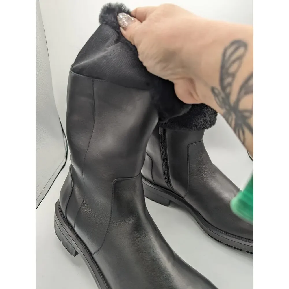 Aquatalia LaCie Black Faux Fur Lug Sole Leather Boots Water Resistant 10.5